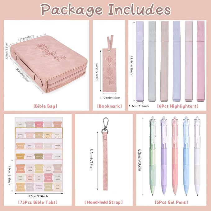 CITYCHASE Elegant Rose Design Bible Cover Case with Bible Study Supplies Highlighters Pens Bookmark Leather Bible Cover Case for Women Gift for Christians(Pink Pro)