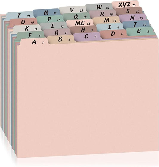 1 Set 25 Pcs Alphabetical File Organizer 12 Colors A-Z Top Tab Alphabet File Cabinet Dividers Letter-Size 1/5 Cut Tab File Folder Guide 500 GSM Heavyweight Manila Cardboard for Office Home School Desk