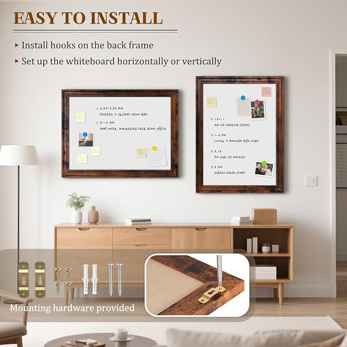 Large White Board for Wall, 36''x24'' Magnetic Dry Erase Board, Decorative Whiteboard with Brown Vintage Wooden Frame, Hanging Writing Board for Home Office School Dorm