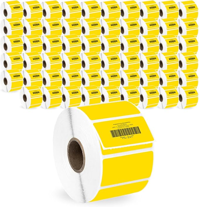 HOUSELABELS 2" x 1" Yellow Barcode Labels on 1" Core Compatible with Zebra and Rollo Printers, 60 Rolls / 1,300 Labels per Roll