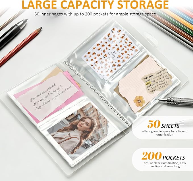 Nirvany 3x5 Index Organizer Book, Clear Flash Card Holder with 50 Plastic Sleeves, Binder Folder for Notes, Recipes & Study Supplies, Stores Up to 200 Pieces