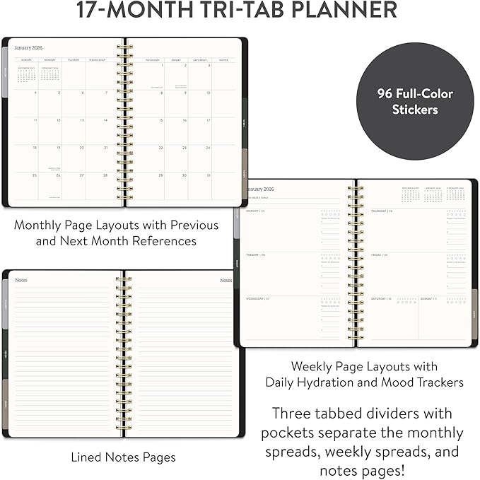 Orange Circle Studio Academic 2026 Planner, Amazon Exclusive, Black, Tri-Tab Planners, August 2025 to December 2026, 9.6" x 7", Monthly & Weekly Planner Calendar for School or Work, Note Pages