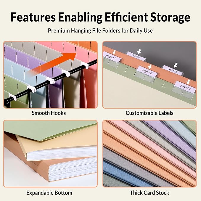 SUNEE Hanging File Folders, 50 Pack Letter Size Hanging File Folders with 1/5-cut Tabs, Stay Organized for Your Home and Office Bulk File, Documents and Paper, 10 Pastel Colors