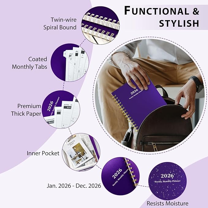 Ymumuda 2026 Planner, Daily Weekly and Monthly Planner，Jan 2026 - Dec 2026, 8.4" x 6.3", 2026 Calendar Planner Book with Tabs, Spiral Notebook with Inner Pocket for Office Home School Supplies
