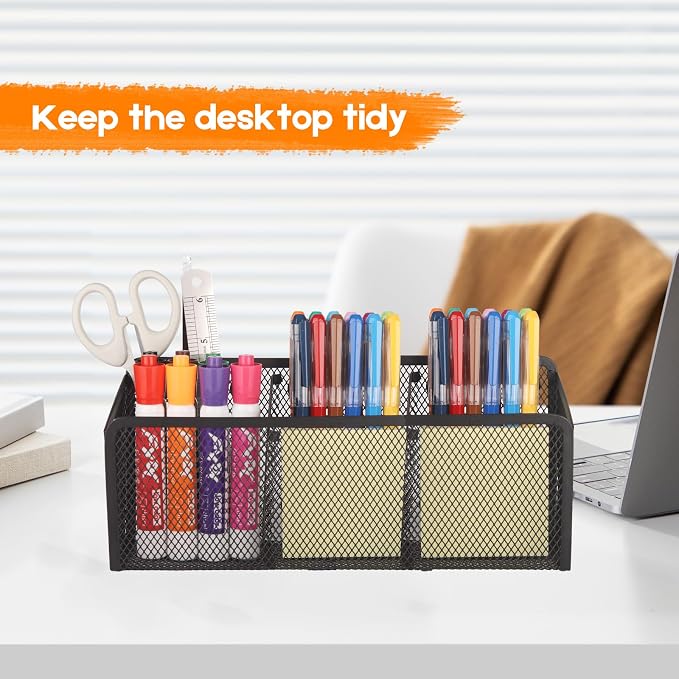 Ameceres Magnetic Pencil Holder - Extra Strong Magnets Mesh Marker Holder Perfect for Whiteboard, Refrigerator and Locker Accessories (3-Compartment (1 Pack))