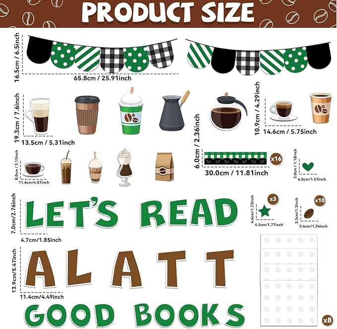 QOUBAI Coffee Bulletin Board Set Coffee Cup Classroom Decoration Latte Paper Cutouts Green Coffeehouse Crafts Teacher's Helper Charts for Back to School Nursery Chalkboard Reading Decor Wall Door