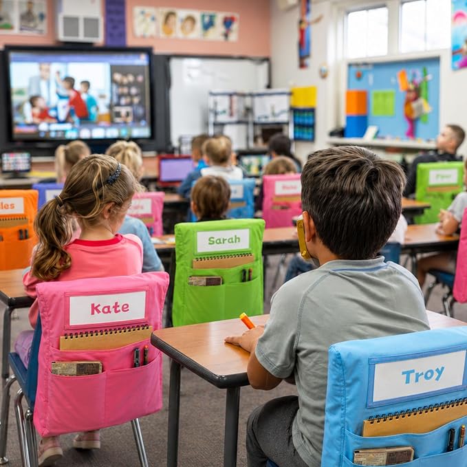 24pcs for Classroom 16.3x19.7inch Classroom Chair Pockets with Name Tag 3 Pockets Chair Organizer for Teacher Student School Office(Pastel)