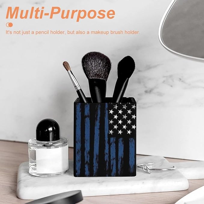 Women's Fashion Pencil Pen Holder Cup, Waterproof Office Supplies, Waterproof Multifunctional Office Supplies Blue Line American Flags