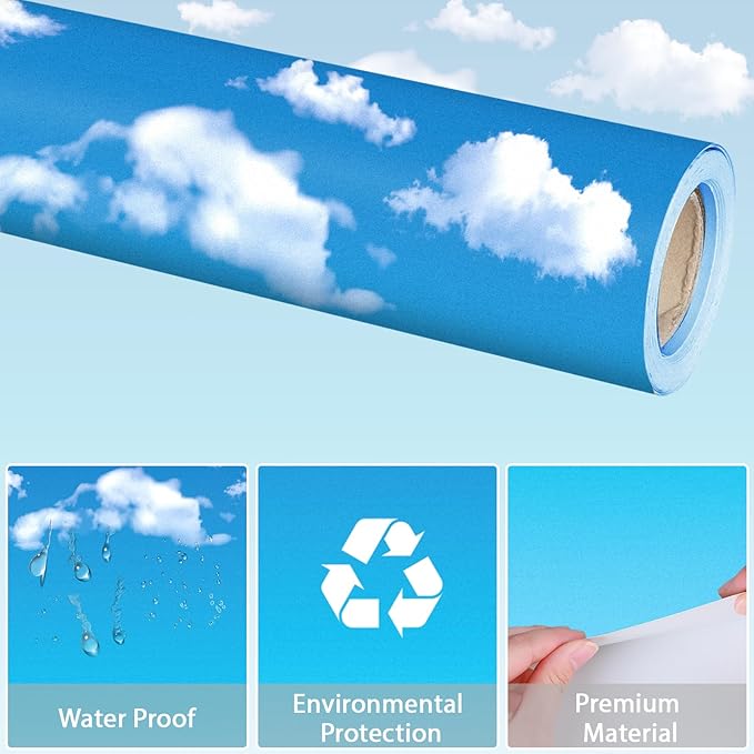 Qyeahkj 17.7in x 20ft Bulletin Board Paper Roll Bulletin Board Background Paper Fade Resistant Classroom Decoration Poster Art Craft Home Wall Education Decor Supplies Blue White Clouds