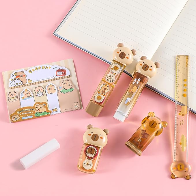 7 Pcs Cute Capybara Stationary Set Kawaii School Supplies Japanese Stationery, Includes Pencil Sharpener, Eraser, Correction Tape, Glue Tape, Sticky Notes, Ruler, for Office School Supplies