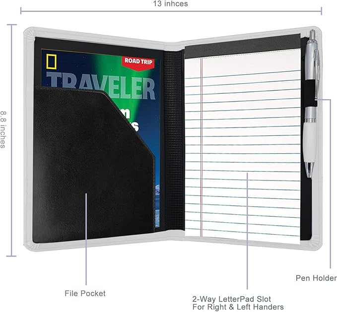 Classic Padfolio/Junior Portfolio Folder Case, Business A5 Binder Organizer Notepad for Men Women, 5 x 8 Writing Pad Included, Gray
