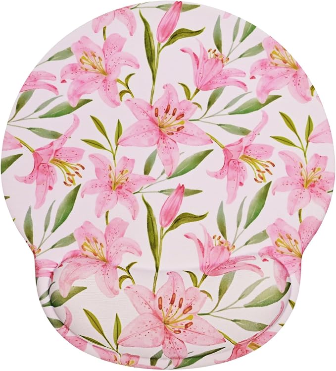 Lily Floral Mouse Pad Wrist Support Wrist Rest, Flower Ergonomic Mouse Pad with Non-Slip Base for Office Gaming Working Computers,Desk Accessories Pain Relief Mouse Mat, Pink Flower