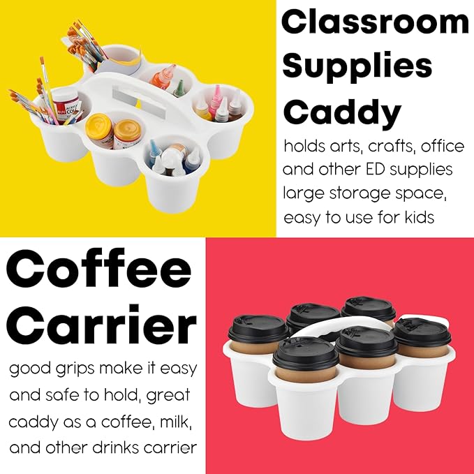 ALINK 6 Pack Classroom Caddy Storage Basket with Handle, Plastic Drink Cup Caddy Holder, 6 Compartments for Kids, Table, Office, Arts, Crafts, Crayon, Marker, Pencil, School Supplies - White