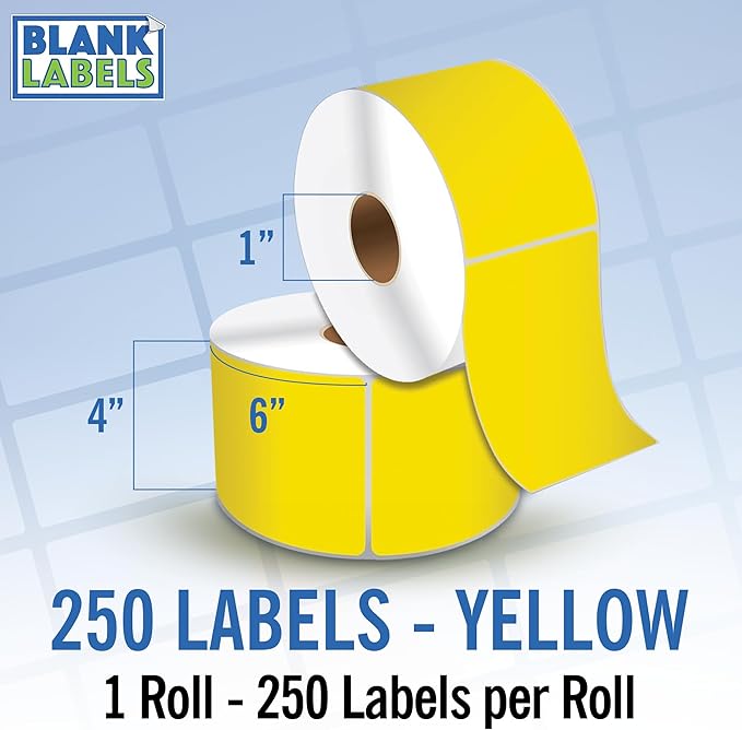 4" X 6" Direct Thermal Shipping Labels | Yellow | 1" Cores w/Perfs Easy Tear | Made in USA | Printing Label | 250 Labels | 250 Labels per Roll | 1 Rolls | Blank Labels