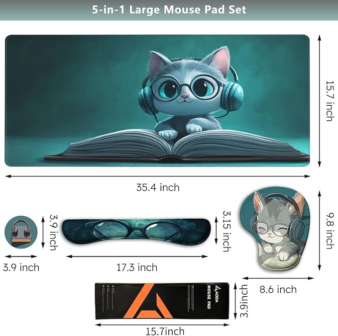AQQA Mouse Pad Set,Ergonomic Mouse Pad with Wrist Rest,Comfortable Mousepad with Smooth Wrist Support Surface and Non-Slip PU Base forHome Office Desk Accessories Decor Supplies,Cute Cat