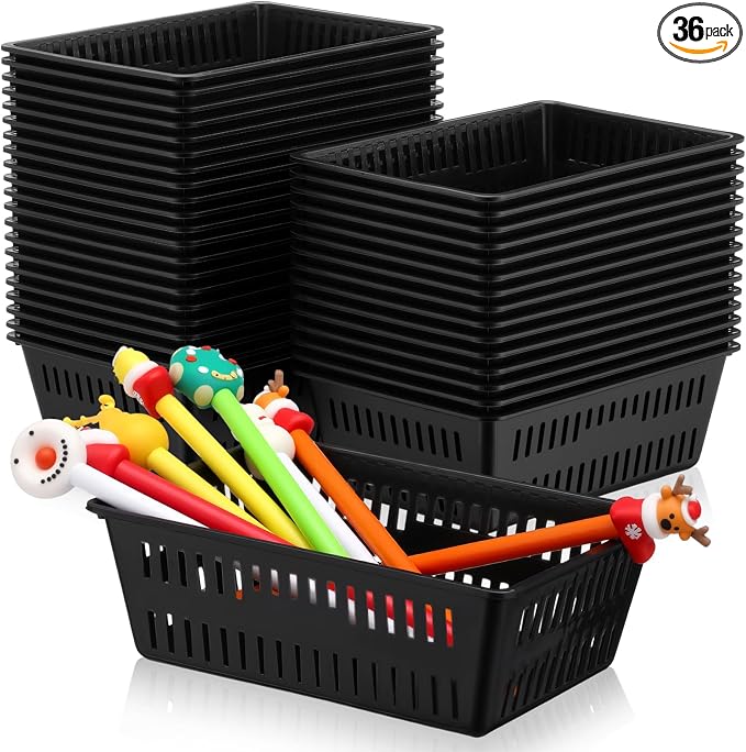 Sherr 36 Pack Classroom Storage Basket Small Plastic Basket for Organizing Crayon Pencil Container Storage Bin Tray Holder for Paper Shelf Back to School Office Supply 6.1" l x 4.3" w x 2.4" h(Black)