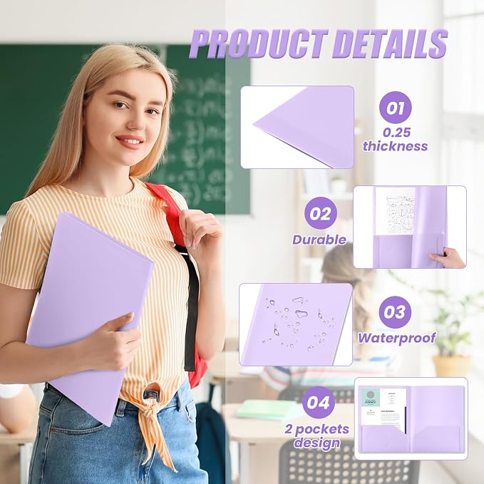 Gueevin 100 Pack Plastic Folder with Pockets, 2 Pocket Folders, Plastic Glossy Folders Fit Letter Size Paper, Heavy Duty Durable File Folder with Business Card for Home Office School (Light Purple)