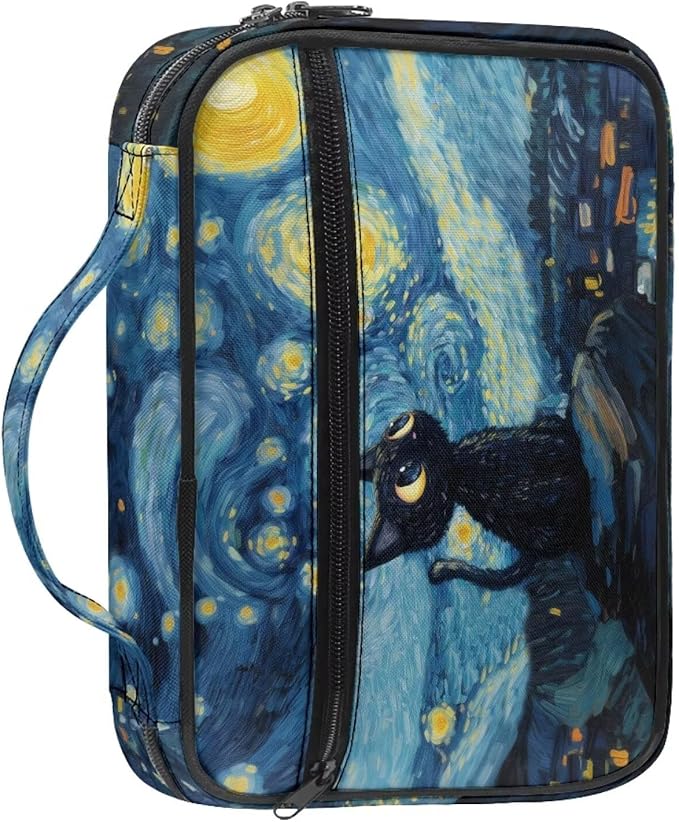 Black Cat Starry Night Print Bible Covers for Women & Men, Bible Organizer Carrying Case with Zippered Pocket Bible Protective Bag