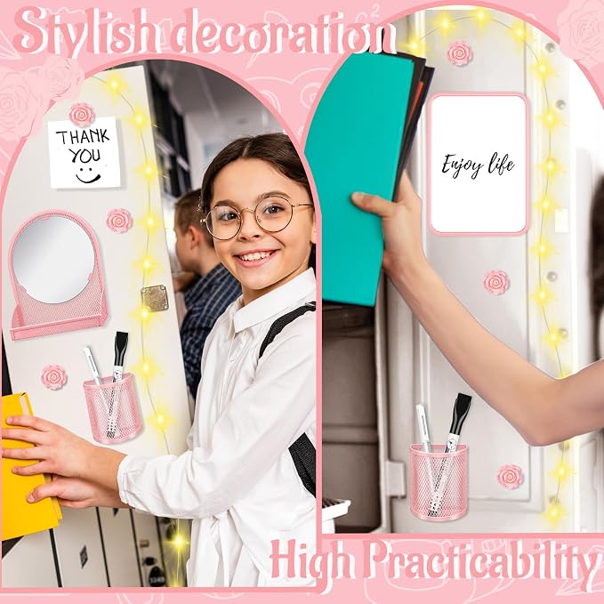 8 Pcs Locker Accessories Kit, Back to School Essentials, Pink Magnetic Mirror, Magnetic Pen Holders, Cute Flower Magnets, Pink Locker Decorations for School Locker Organizing Supplies