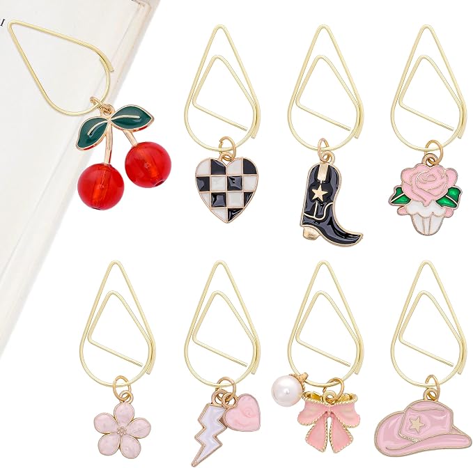 Cute Pink Bookmark Gift - 8 PCs Western Cowboy Boots Metal Aesthetic Paperclip Book Mark Flower Cherry Bow Page Markers for Reading Lovers Women Girls Students Teachers School Accessories