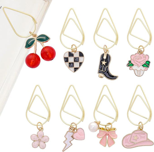 Cute Pink Bookmark Gift - 8 PCs Western Cowboy Boots Metal Aesthetic Paperclip Book Mark Flower Cherry Bow Page Markers for Reading Lovers Women Girls Students Teachers School Accessories