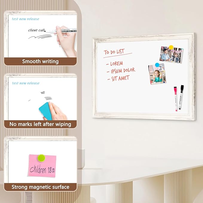 DOLLAR BOSS Magnetic Whiteboard for Wall 36" x 24" Vintage Wood Framed White Board Decorative Dry Erase Board for Home Office Shop Decor Display with 4 Markers, 8 Magnets, 1 Eraser, Vintage White