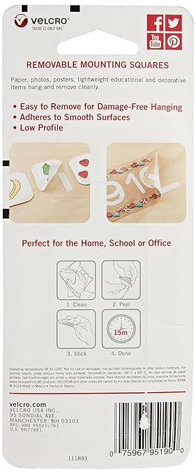 VELCRO Brand "VELCRO Brand - Removable Mounting Squares, Damage-Free Decorating, 3/4"", Pack of 8" (95190)