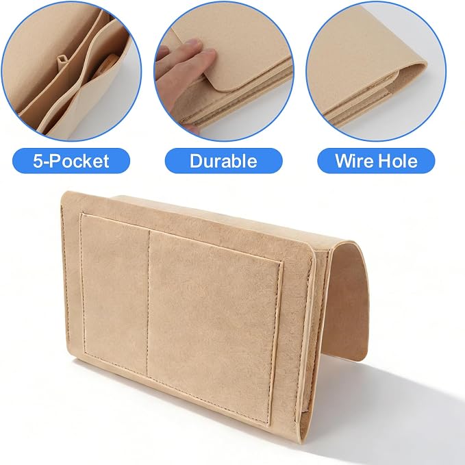 2Pcs Bedside Pocket Storage Holder, Felt Hanging Bed Caddy Organiser Bag, Sofa Bunk Beds Organizer for Mobile Phone, iPad, Remote Control, Books, Glasses, Magazine (Gray and Beige)