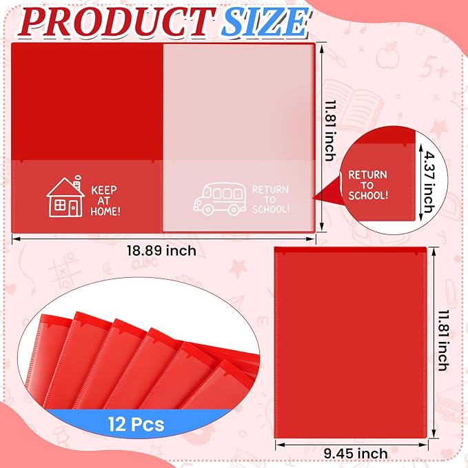 12 Pcs Take Home Folders for Elementary Students,Back to School 2 Pocket Folders with Clear Front Pocket 4 Inner Pockets,Plastic Parent Teacher Communication Folder 11.81 x 9.45 Inch (Red)