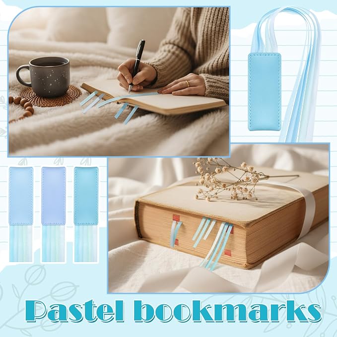 Outus 3 Pieces Bible Ribbon Bookmark Markers Artificial Leather Bookmark with Ribbons for Books Office(Stylish,Blue)