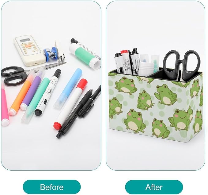 Desk Organizer Pen Holder Cute Frog, Square Multi-Functional Pencil Container for Decoration Home and Office, PU Leather Pen Container