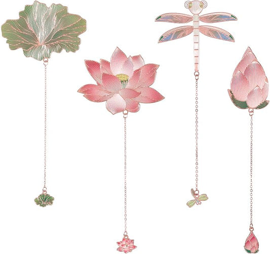 4Pcs Metal Bookmarks with Chain Plant Bookmark Golden Lotus Leaf Birthday Gifts Unique Teacher Christmas Gifts Literary Accessory Appreciation Stuffers for Book Lovers Writers Readers Women Adults