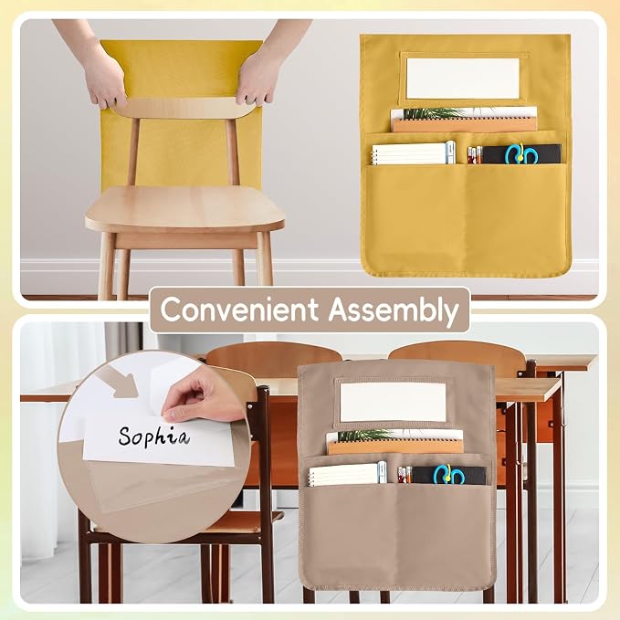 gisgfim 12 Pcs Chair Pockets for Classroom 16.7 x 19.3 Inch s with Name Tag Chairback 3 Pockets Chairs Seat Back Organizer for Elementary School Daycare Home Supply (Earth Color)