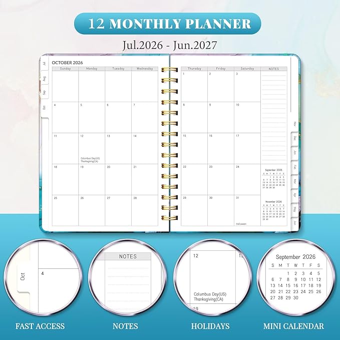 Lonely Oak Academic Planner 2026-2027, Daily Weekly and Monthly Agenda Planner 6.18" x 8.5" with Tabs, 12 Months Spiral School Year A5 Calendar from Jul.2026 to Jun.2027 for Student and Teacher (Cyan Marble)