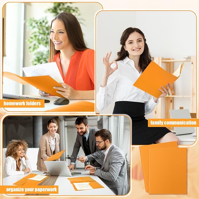 Gueevin 72 Pack Plastic Folder with Pockets, 2 Pocket Folders, Plastic Glossy Folders Fit Letter Size Paper, Heavy Duty Durable File Folder with Business Card for Home Office School (Orange)