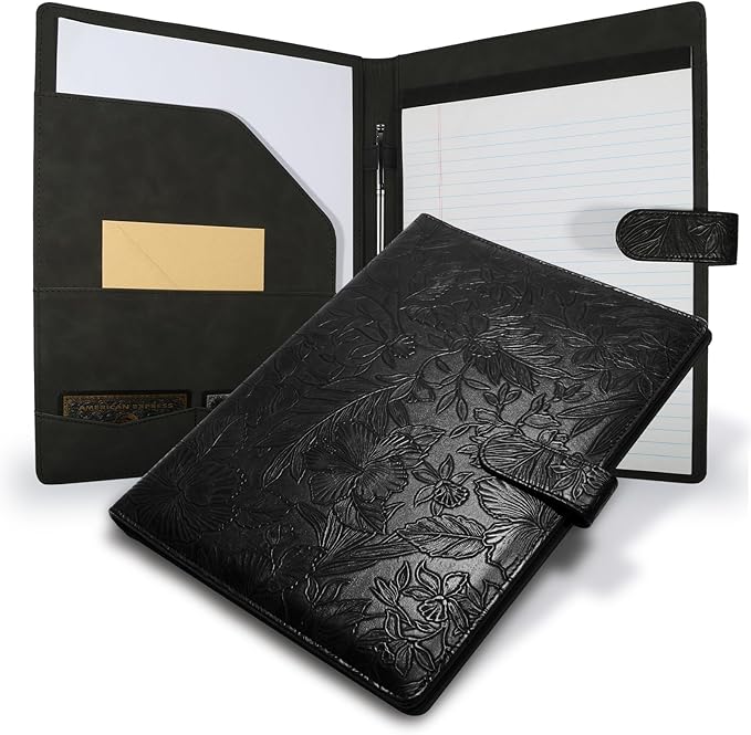 Professional Padfolio Portfolio Binder, Textured Embossing Faux Leather Folder Organizer for Letter Size Legal Pad Notepad Resume, Card Holder for Women Men Business Office Conference (Black)