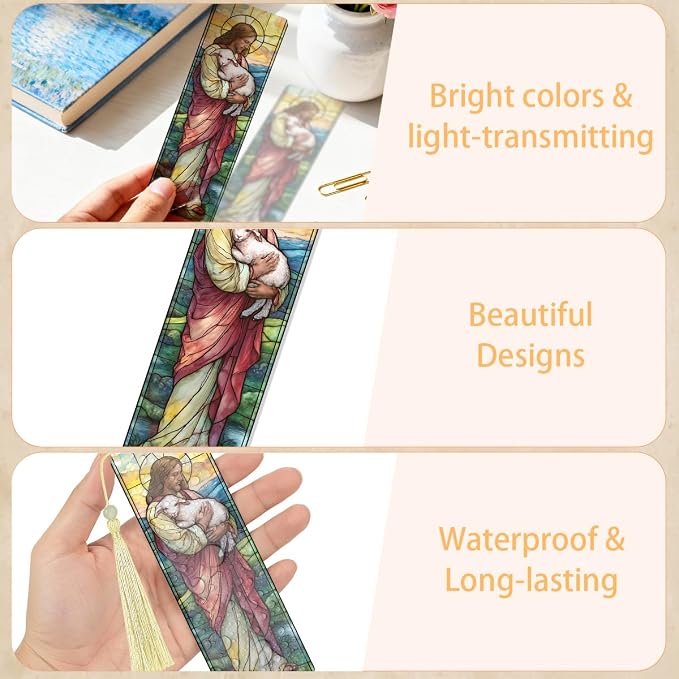 4 Pcs Stained Glass Religious PVC Bookmarks Gifts with Tassels, Catholic Saints Transparent Bookmarks for Reading Women, Christian Prayer Accessories, Bible Gifts for Book Lovers