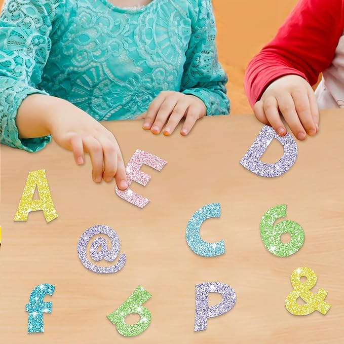 Colarr 216 Pcs Glitter Bulletin Board Letters for Classroom Number Alphabet Punctuation Symbol Cutout 4'' Die-Cut Poster Letter with Adhesive Dot School Party Holiday Decor Display(Mixed)