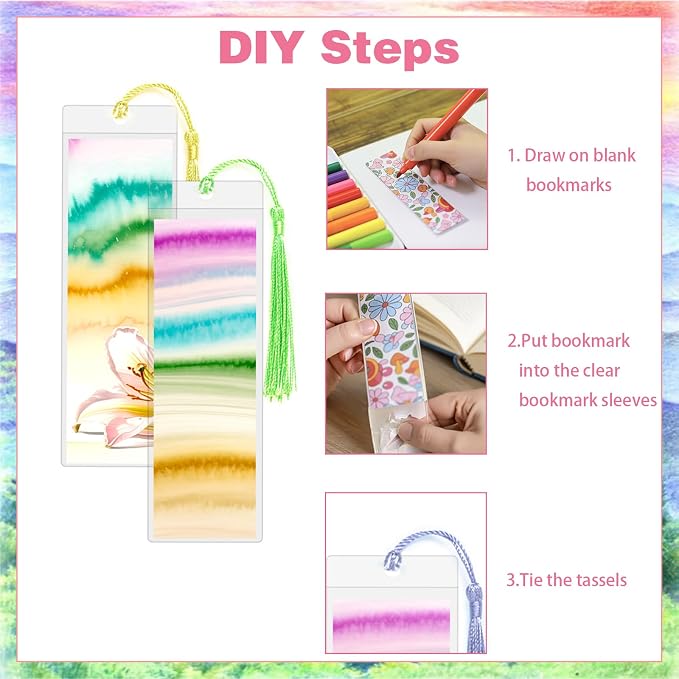Bookmark Making Kit with 50 Bookmark Sleeves, 50 Colorful Tassels, 50 Blank Bookmark Cards, 10 Practice Sheets, for DIY Bookmarks, Gift Labels, Teacher Supplies, Decor
