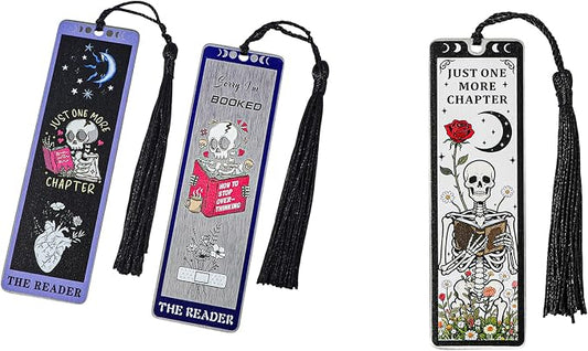 3Pcs Unique Skull Reader Bookmark - Metal Bookmark with Black Tassel, Star and Rose Pattern, Engraved “THE Reader” for Dark Gothic Lovers, Women Readers Fantasy Gift Gothic Gift (3PCS D)