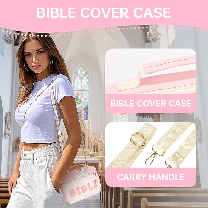 Bible Cover Case for Women Bible Study Supplies Large Preppy Chenille Pink Leather Bible Carrying Tote Bag Letter Bible Case Christmas Christian Gifts for Women Girls (Pink, Large)