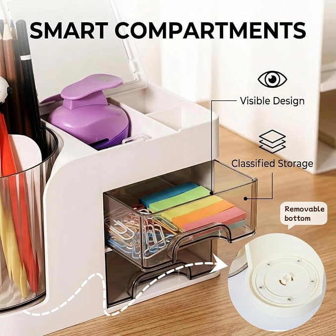 Desk Organizer with 2 Drawer, 360°Rotating Pencil Holder for Desk , Multi-Functional Makeup Organizer, Workspace organizers for School, Home, Office Supplies, Desk Organizers and Accessories