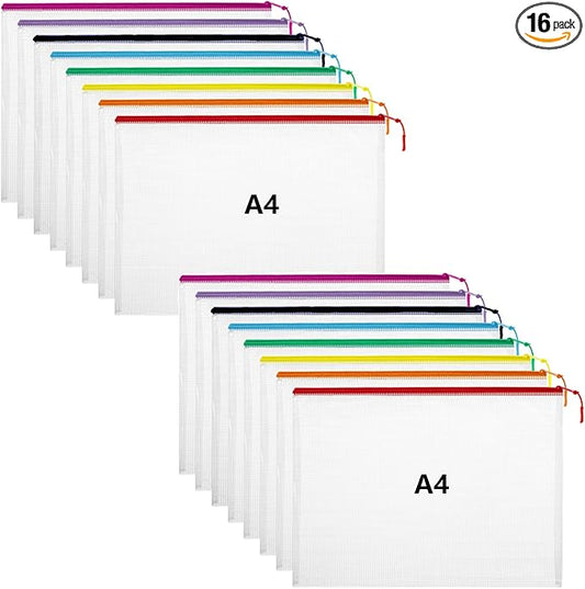 16pcs Mesh Zipper Pouch Bags, A4 Size Plastic Puzzle Storage Bag, 8 Colors Waterproof Zipper Pouches for Organization, Multipurpose for Home, Travel, School Supplies and Office Appliances