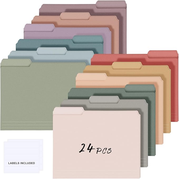 24 Pcs File Folders 9.5x11.6 Inch Manilla Folders Letter Size with 1/3 Cut Tabs 12 Colored Office Home School Organizers for Documents, Classroom Supplies and Paper Storage (Vintage Color)