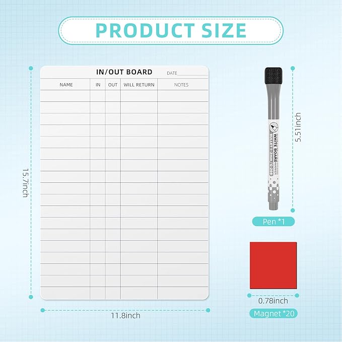 in and Out Calendar Dry Erase Board for Wall with 20 Magnetic Blocks, in/Out Planner for Office Staff Schedule Tracker 16" x 12"