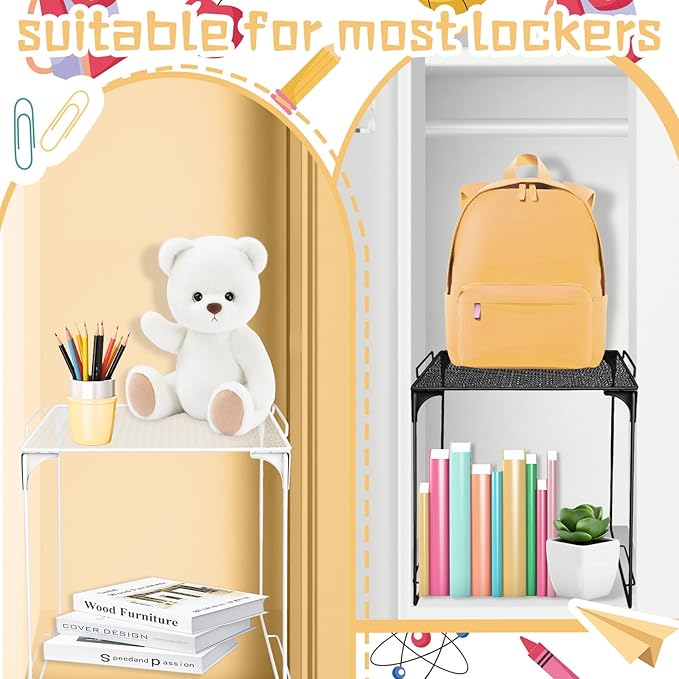 Demonwer 2 Pcs Locker Organizer Shelf Black and White Stackable Extra Locker Shelf Storage Cabinet Accessories for School Office Home Gym Supplies