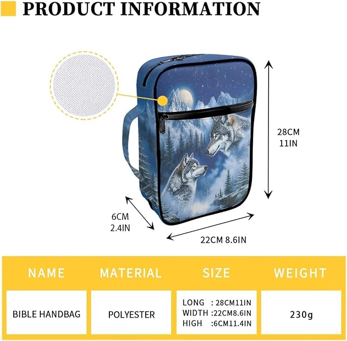 Suobstales Wolf Mountain Forst Moon Print Bible Covers for Women Men Lightweight Bible Bag Bible Accessories with Handle and Zippered Pocket Bible Tote Bag for Kids