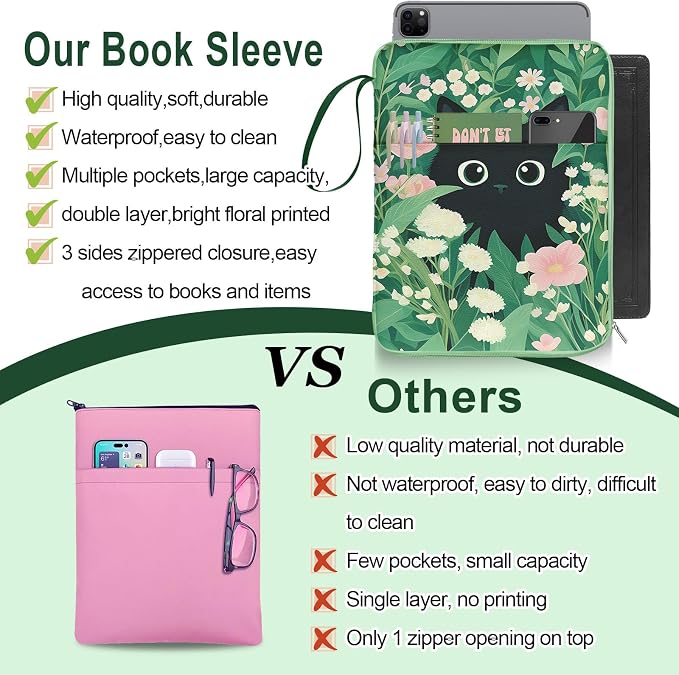 Book Sleeve Book Pouch, Cute Cat Floral Print Book Protector Case with Zipper, PU Leather Waterproof Book Cover Bag, Portable Book Pouch for Book Lovers Gifts Paperbacks Hardcover