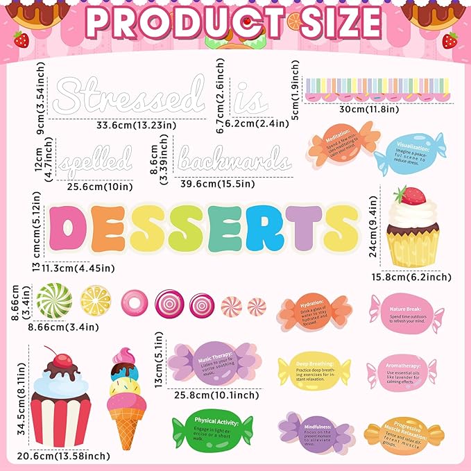 Inspirational Dessert Bulletin Board Classroom Decoration Spring Summer Motivational Bulletin Set Positive Affirmation Sweet Candy Treats Cutouts for School Chalkboard Wall Teacher Decor