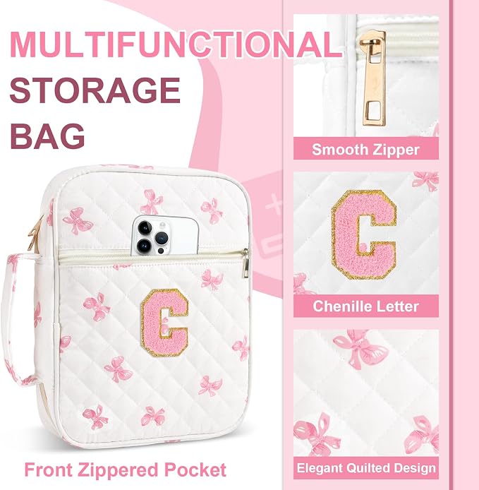 Personalized Initial Bible Cover Case for Women Girls Kid - Large Quilted Bible Case with Handle,Chenille Letter Bag Study Supplies,Christmas Gifts for Christians Birthday Graduation(Pink Bow-C)